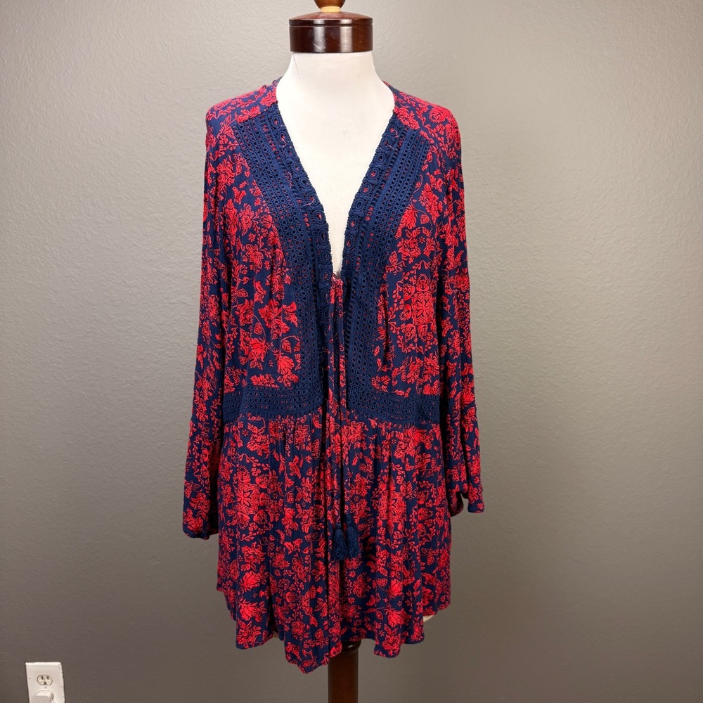 Torrid Long Sleeve Paisley Crinkle Gauze Boho Babydoll Tunic Top Sz 3 3X 22-24